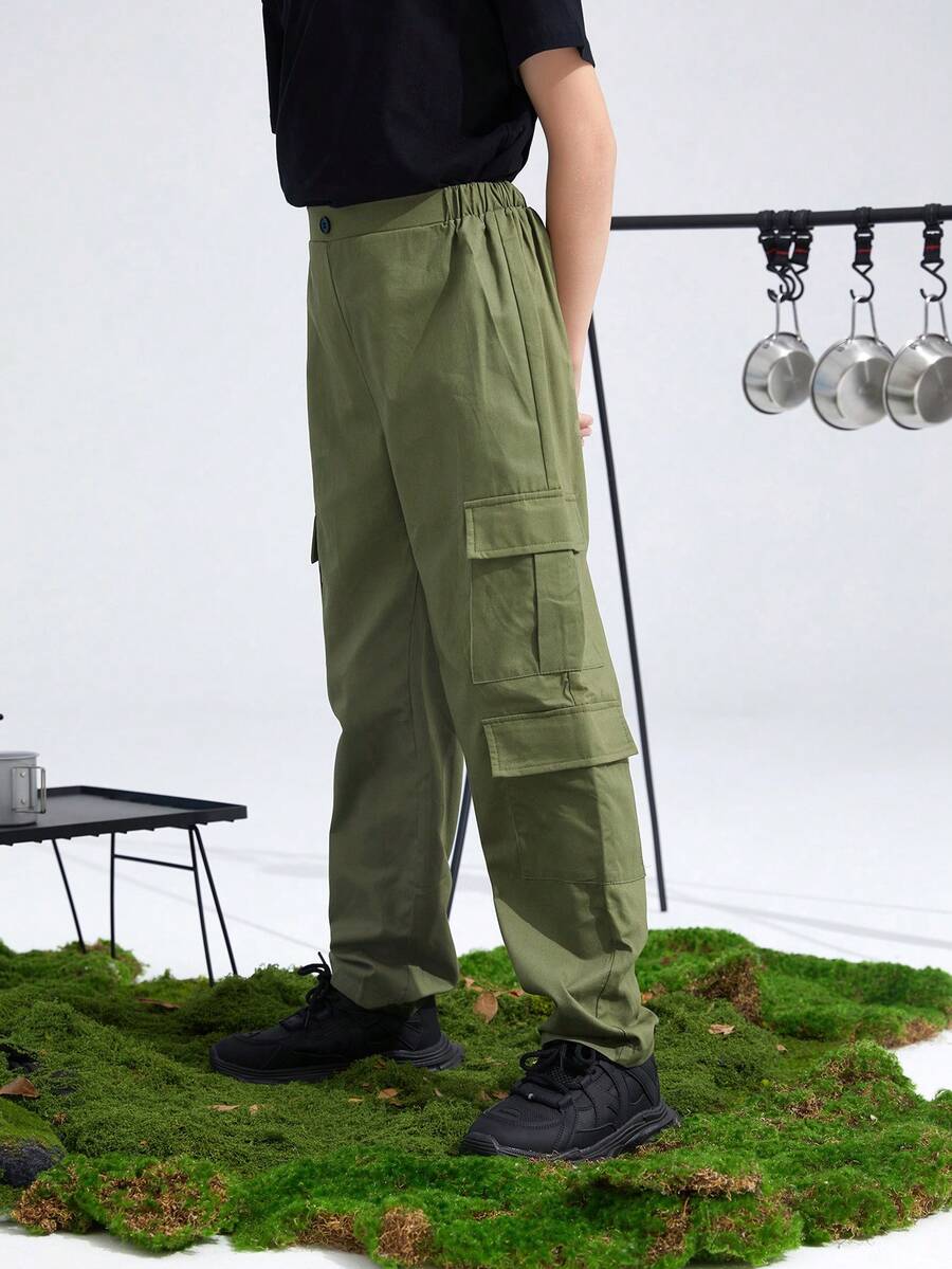 SHEIN 大童男孩運動休閒側翻蓋口袋軍綠色工裝長褲 - 軍綠色 - 查看 1
