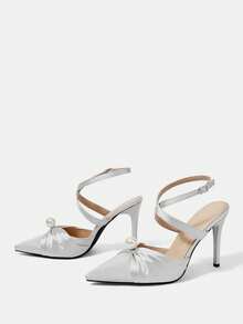 CUCCOO HITCHD Women Ruched Satin Mule High Heels, Faux Pearl Decor Pointed Toe Ankle Buckle Strap Stiletto Sandals For Evening Wedding Bridal Dress Shoes - silver gray - View 10