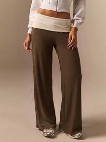 Athîral Women's Casual Y2k Brown Contrast Low-Rise Waist Straight Leg Pants, Daily Wear, Soft And Comfortable Knit, Home Wear, Back To School, Gym - Brown - View 1