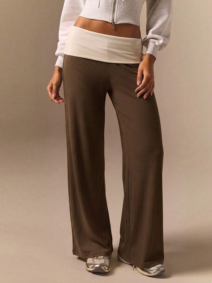 Athîral Women's Casual Y2k Brown Contrast Low-Rise Waist Straight Leg Pants, Daily Wear, Soft And Comfortable Knit, Home Wear, Back To School, Gym - Brown - View 1
