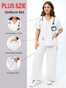TaskEZ Women's Plus Size Surgical Gown Top And Pants Loose Two Pieces Set - White - View 1