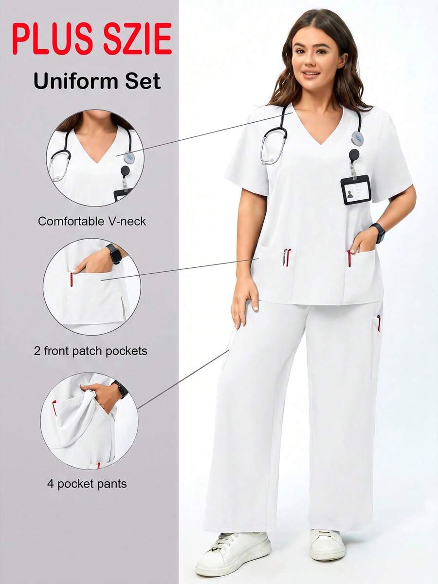 TaskEZ Women's Plus Size Surgical Gown Top And Pants Loose Two Pieces Set - White - View 1