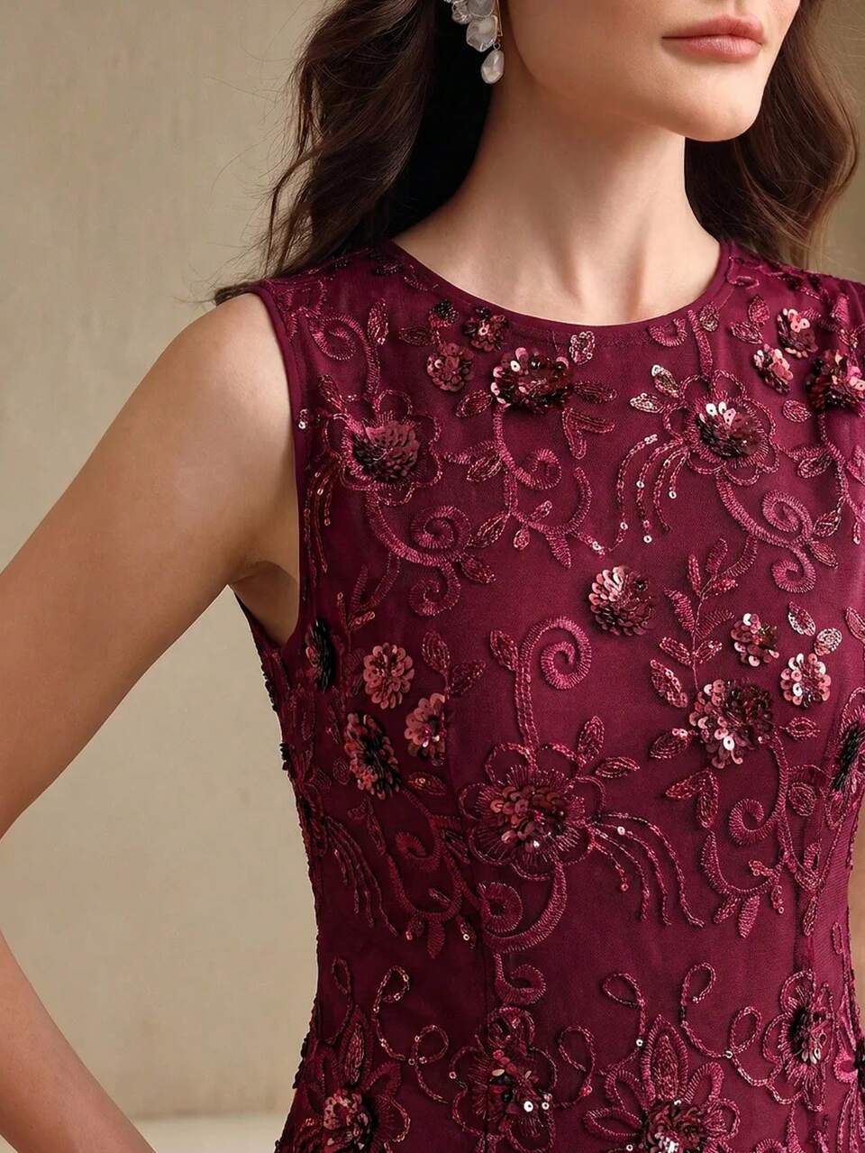 Anewsta Women's Elegant Pink Sleeveless Mesh Dress With Beaded Floral Embroidery And Patchwork Hem