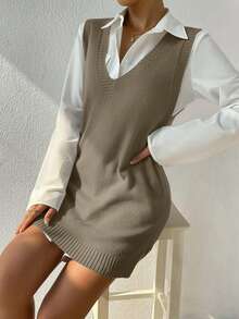 Cloudara Split Hem Sweater Vest Without Blouse - Camel - View 6