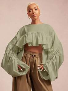 Vixey Solid Color Woven Ruched Front Short-Front Long-Back Ruffle Blouse, Elegant Party Top, Winter/Fall - Green - View 2
