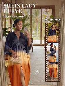 SHEIN Lady CURVE 大尺碼漸層印花高開衩休閒優雅度假洋裝，適合婚禮賓客、約會、派對，海軍藍，秋季 - 灰色 - 查看 4