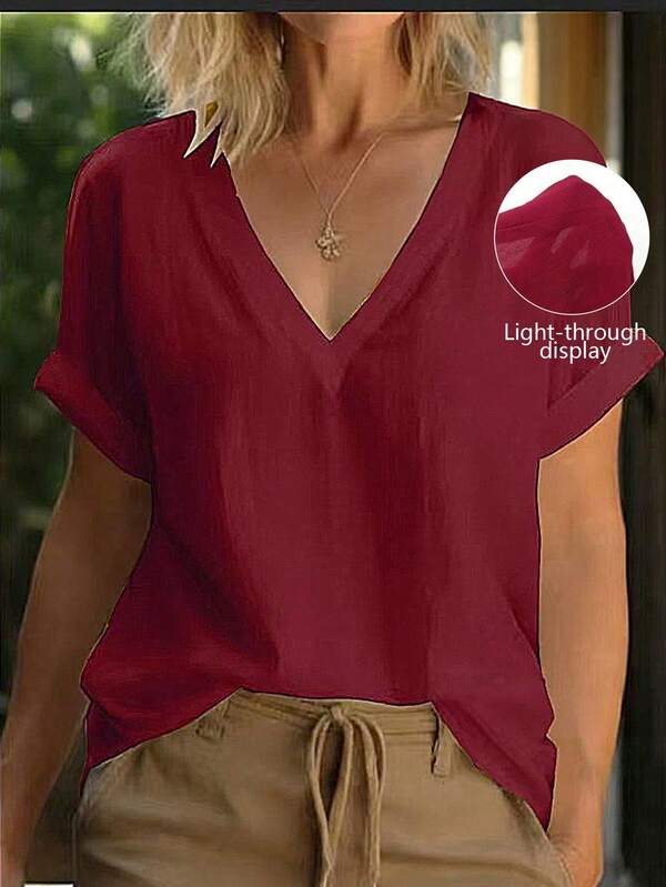 Linhara CURVE Plus Size Women's Solid Color V-Neck Casual Short Sleeve Blouse Summer Women, Vacation Blouse, Suitable For Holiday