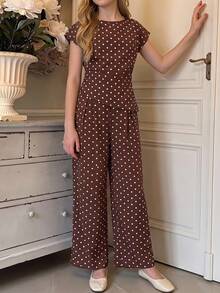 SHEIN 少女棕色波點背心與長褲2件套，優雅正式褲裝套裝，適合生日、假期、婚禮賓客，夏季穿著 - 棕色 - 查看 9