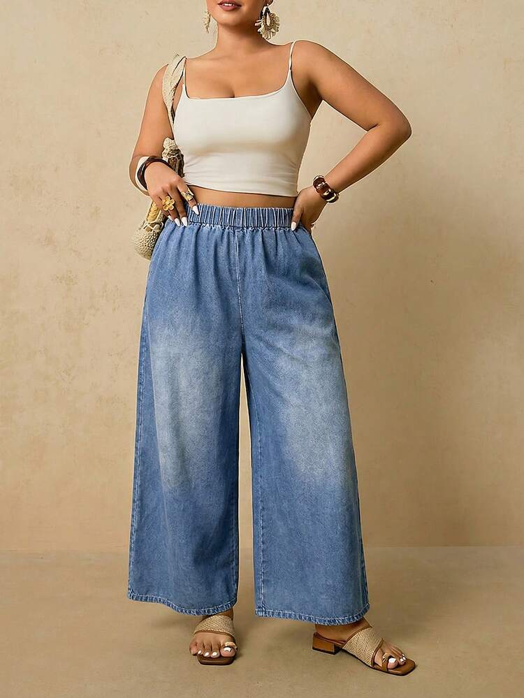 Travachic Women's Plus Size Light Wash Elastic Waist Wide Leg Jeans,Summer Light Blue Denim Culottes,Smart Casual Loose Fit Pants For Hiking,Beach Vacation - Blue - View 5
