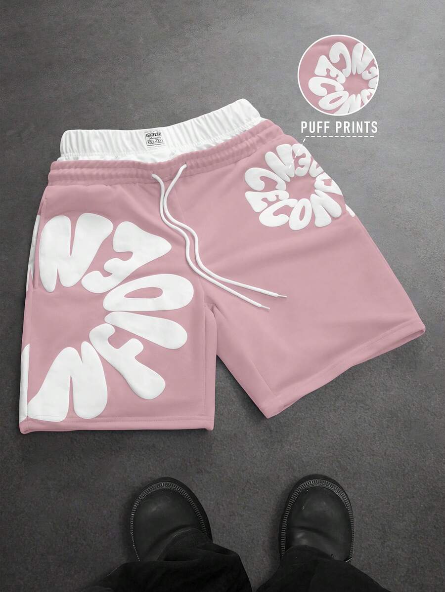SLATEMANN Shorts de mezclilla para hombre con doble cintura, estampado en relieve, cordón de color contrastante - Rosa Pálido - Ver 1
