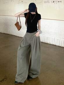 DAZY Women's Casual Loose Wide Leg Curved Hem Jeans - Army Green - View 6
