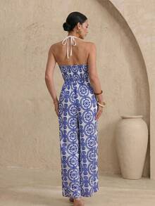 Swim Oasis Women's Vacation Botanical Print Wide Leg Halter Neck Jumpsuit Blue And White Summer European Tropical - Black and White - View 2