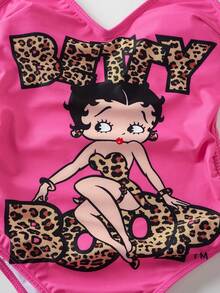 Betty Boop x SHEIN 豹紋字母卡通連身泳衣 - 粉色 - 查看 4