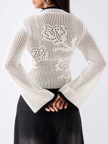 LYSMO Women's Colorblock Trim Hollow Knit Flare Sleeve Sweater Office Outfits For Women Concert Outfit For Women - Black and White - View 3