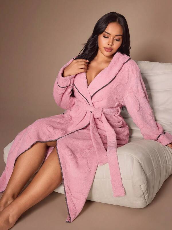 Lazeform Autumn/Winter Jacquard Bow Double-Sided Fleece Long Robe, Sweet & Cute Plus Size Loungewear