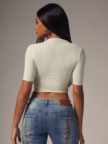 Denimoi Wrap Detail Fashion Tops Ruched Seams Everyday Wear Solid Color Dinner Brunch Effortless Tops - White - View 4