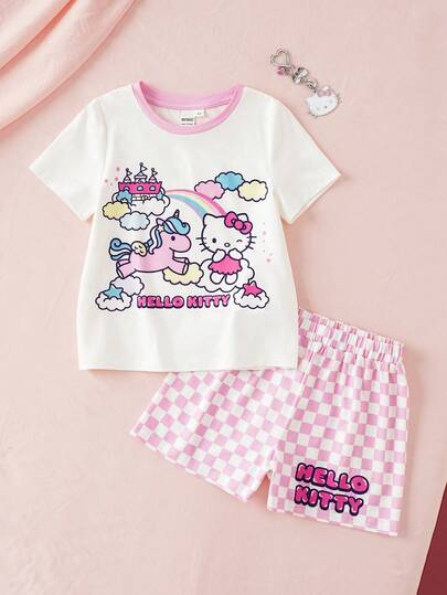 HELLO KITTY AND FRIENDS | SHEIN Young Girl Cartoon Print Round Neck Short Sleeve Top And Plaid Shorts Loungewear Set