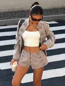 Muchica Women's Casual 2000s Disco Streetwear Denim Shorts With Zipper Fly Button Design Old Washed Napoleon Summer Y2k 100Cotton Khaki Rave Night Club Out - Light Grey - View 4