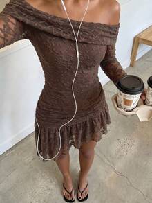 FavEase Women's Casual Sexy Sheer Knit Jacquard Dress. Suitable For Parties. - Brown - View 3