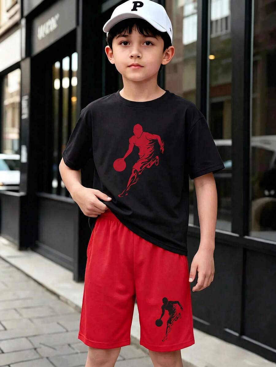 SHEIN 春夏青少年男童休闲时尚创意个性化清爽简约篮球剪影印花舒适基础款短袖T恤和短裤套装,适合春夏穿搭 - 彩色 - 查看 1