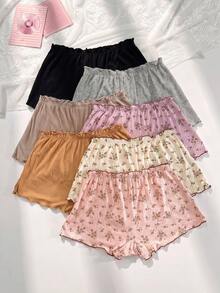 PetitDoll 7 Buah Celana Dalam Model Boyshort Bergaris Motif Bunga Kecil dengan Hiasan Ruffle di Bagian Bawah Ukuran Plus - MultiWarna - View 2