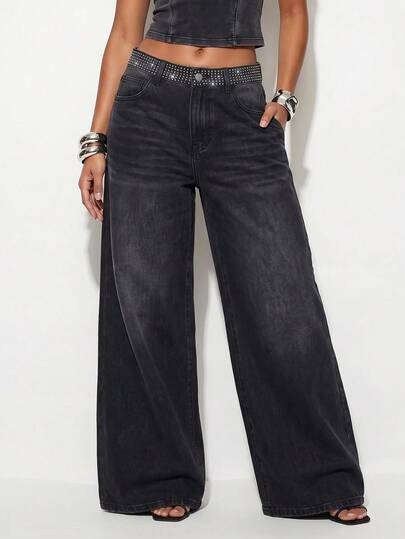 Normani Jeans de estilo callejero para mujer con botones y bolsillos con tachuelas