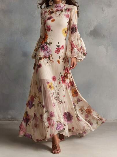 SHEIN Women's Autumn/Winter Elegant Romantic Floral Print Dress, Stand Collar Long Fitted Full Skirt Dress, Semi-Stand Collar Patchwork Lantern Long Sleeve Cinched Waist Flowy Mesh Dress, Date, Vacation, Versatile Long Dress