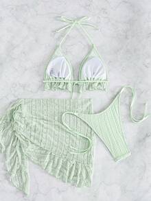 Swim Mod 女款夏季海灘純色掛脖綁帶性感時尚比基尼兩件式泳衣套裝附罩衫裙 3件組 - 霧霾藍 - 查看 2