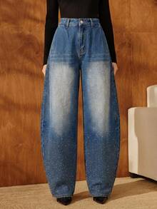 Anewsta Women's Fashion New Sparkling Rhinestone Embellished Vacation Light Blue Jeans Flared Pants Going Out Night Out Party Summer 90s Streetwear - Blue - View 7