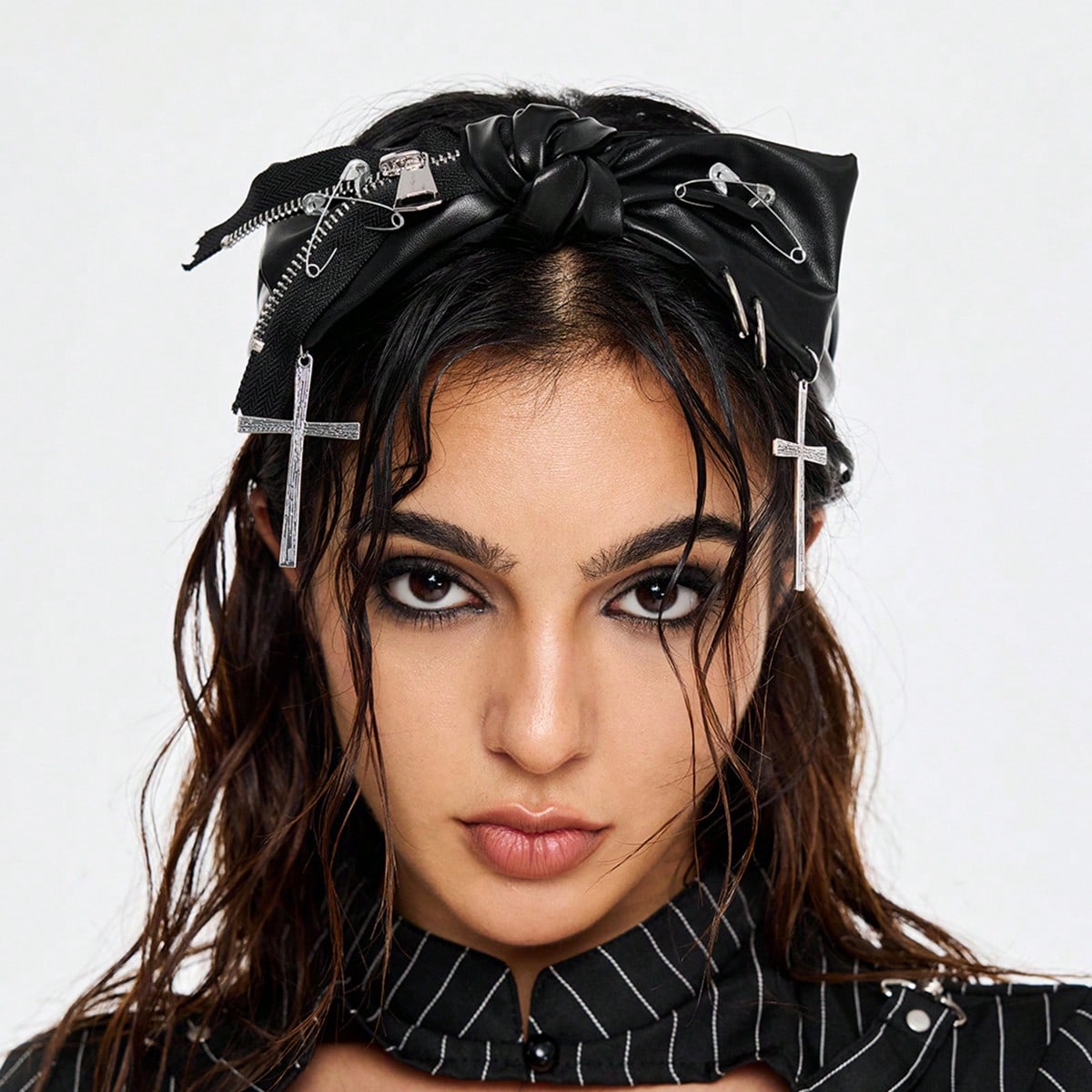 1pc Punk Rivet PU Leather Headband For Women, Retro Goth Y2K Solid Color Hair Hoop Accessory