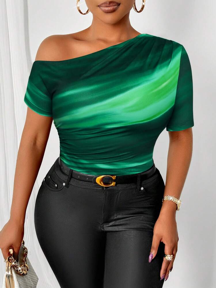SOLERSUN Plus-Size Gradient Green Off-Shoulder Short-Sleeved T-Shirt, Versatile For Everyday Casual 70's Sexy Wear. Night Party Rave Summer - Dark Green - View 6