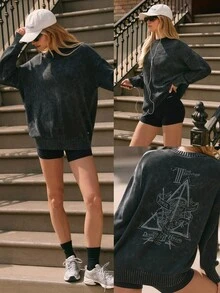 GLOWMODE X Deathly Hollows Relaxed Rib Knit Faded Wash Sweater Pakaian Kasual Sehari-hari Musim Panas - Dark Grey - View 8