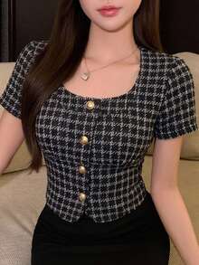DAZY 夏秋款黑白格紋方領短袖女式襯衫，適合派對、婚禮、返校 Y2K 風格 - 黑色 - 查看 5