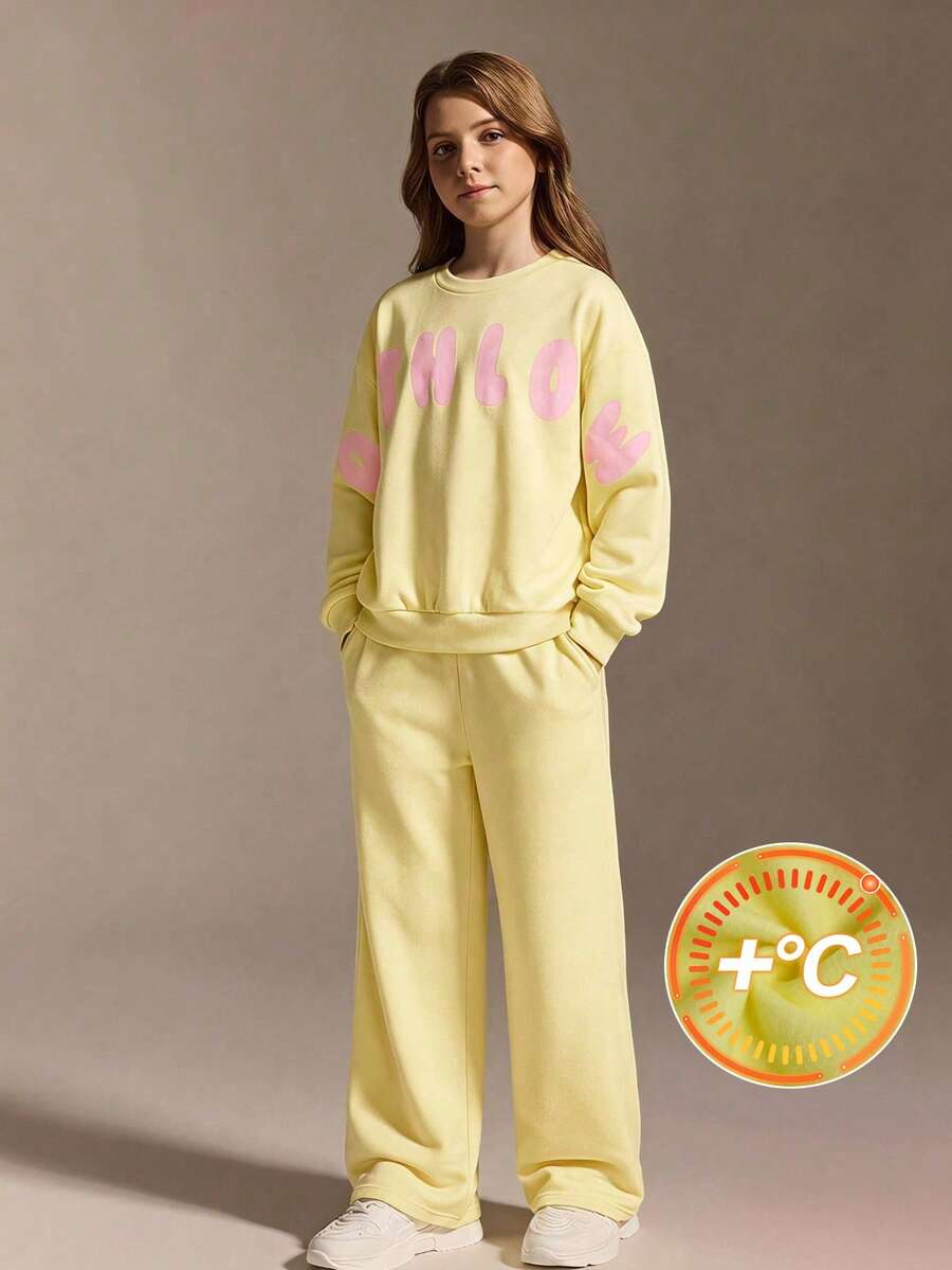 SHEIN Sparklyn Teen Girls 1/4 Zip Loose Fit Sweatshirt Set Back To School College - Yellow - View 1