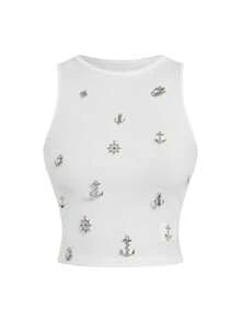ROMWE Grunge Punk Y2K Punk Metal Cross Decor Fitted Cropped Women Tank Top - White - View 1