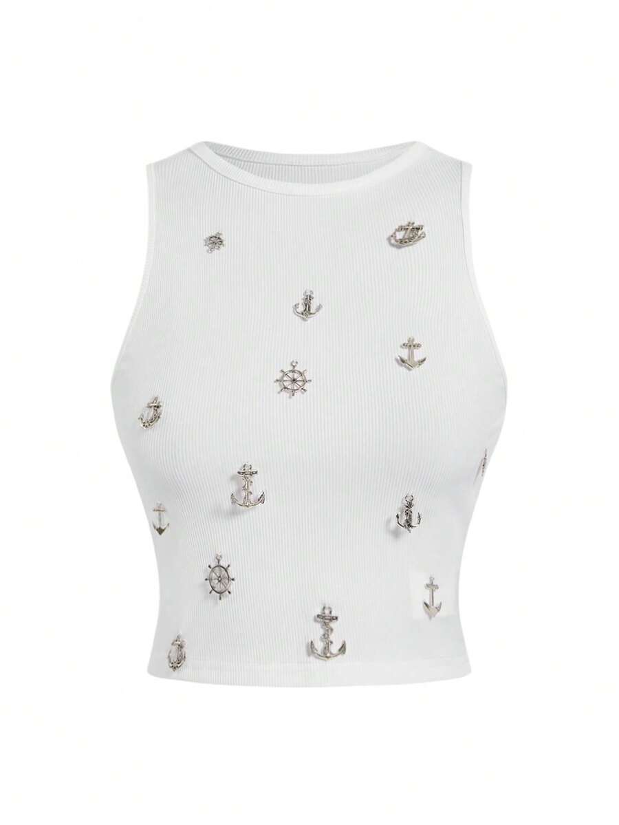 ROMWE Grunge Punk Y2K Punk Metal Cross Decor Fitted Cropped Women Tank Top - White - View 1