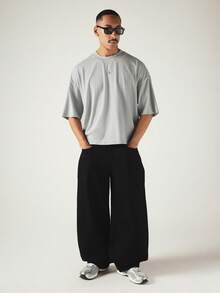 SUMWON Crop Fit Oversized Boxy Crew Neck Short Sleeve T-Shirt With Tonal Star Embroidery Back Print Streetwear Style - Grey - View 3