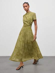Maija Vestido elegante vintage francés casual de verano para mujer con lunares verdes, para escapada urbana, uso diario, fiesta, cita, brunch y té - Verde Oliva - Ver 3