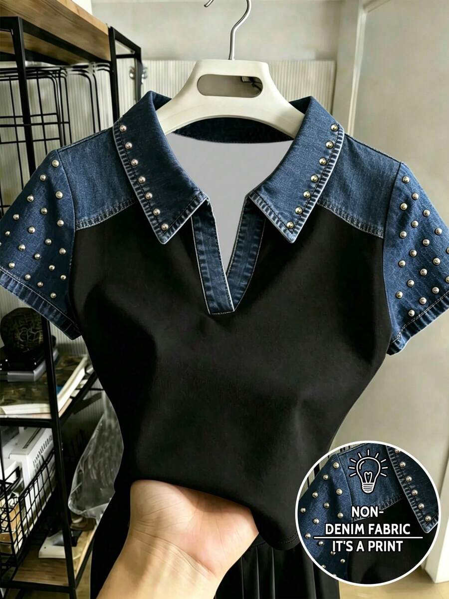 Resyla 女款外穿上衣 夏季新款 Polo 領綴珠 T-shirt 學生度假風 - 彩色 - 查看 1