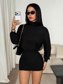 SHEIN PETITE High Neck Drop Shoulder Pleated Bodycon Dress - Black - View 4