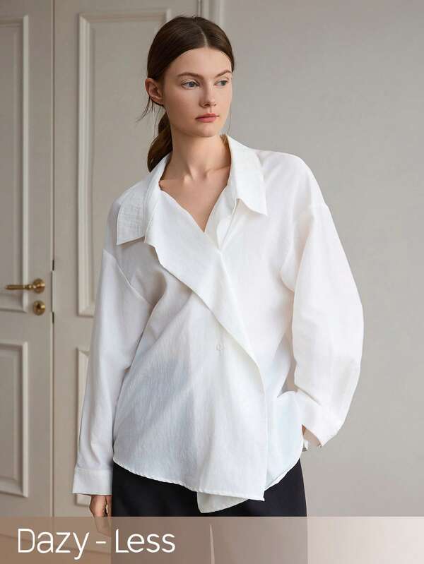 Dazy-Less Women's Loose Casual White Solid Color Asymmetric Collar Long Sleeve Shirt