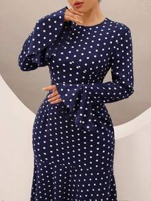 Graceveil Elegant Navy Blue High Neck Flared Sleeve Cinched Waist Mermaid Dress Office Evening Spring - Royal Blue - View 2