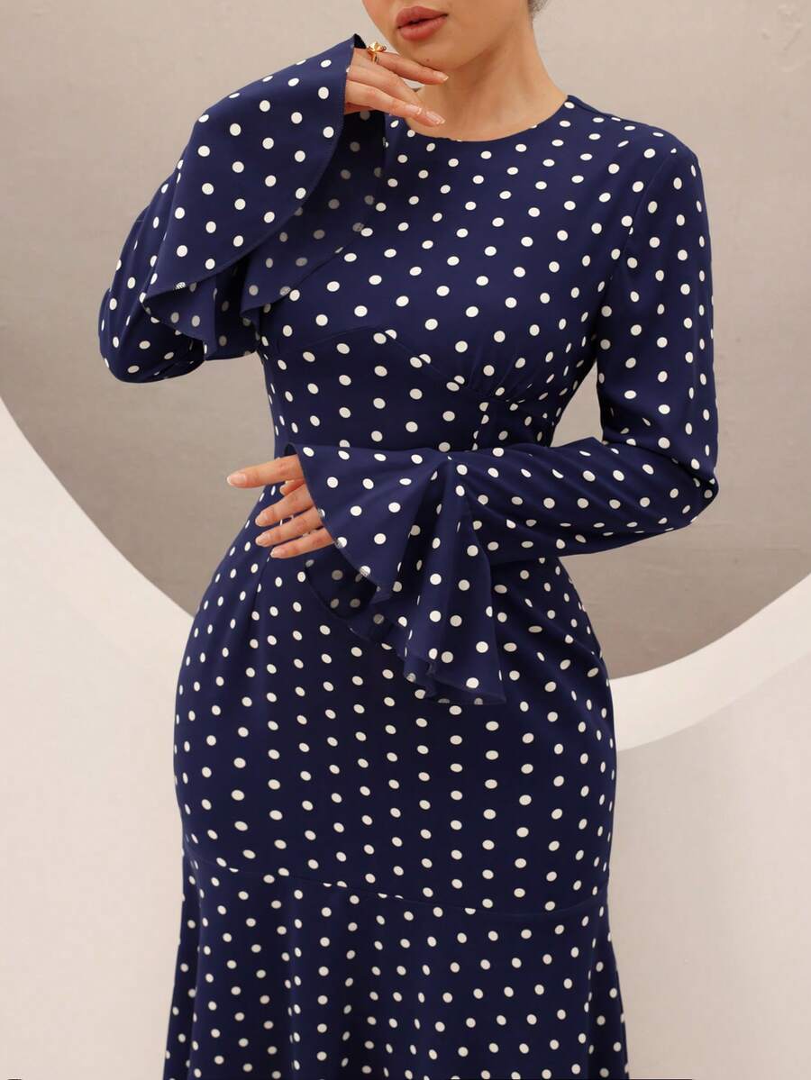 Graceveil Elegant Navy Blue High Neck Flared Sleeve Cinched Waist Mermaid Dress Office Evening Spring