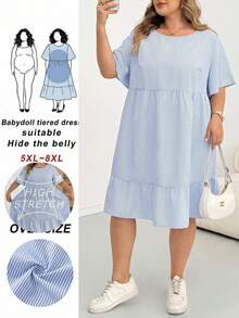 SHEIN CURVE+ 大尺碼女款淺藍色娃娃裙，適合四季度假、夏季波希米亞風、傳統街頭風、婚禮賓客穿著 - 藍色 - 查看 1