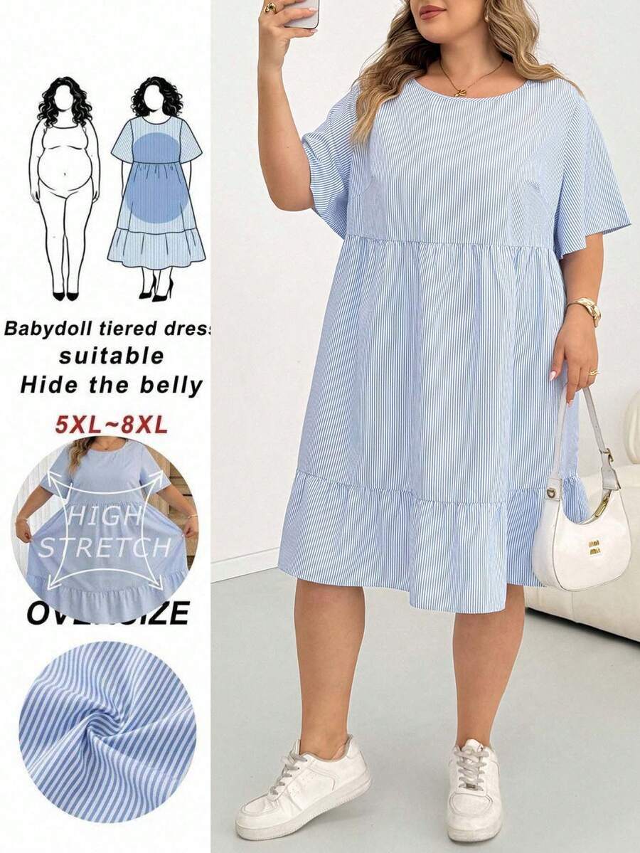 SHEIN CURVE+ 大尺碼女款淺藍色娃娃裙，適合四季度假、夏季波希米亞風、傳統街頭風、婚禮賓客穿著 - 藍色 - 查看 1