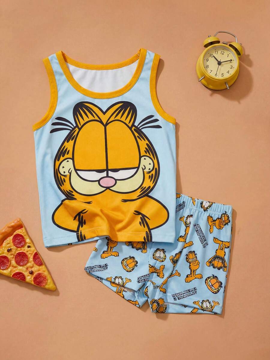 GARFIELD | SHEIN 2pcs/Set Young Boy Graphic Print Tank Top And Allover Print Shorts Set, Brand Collaboration - Blue - View 1