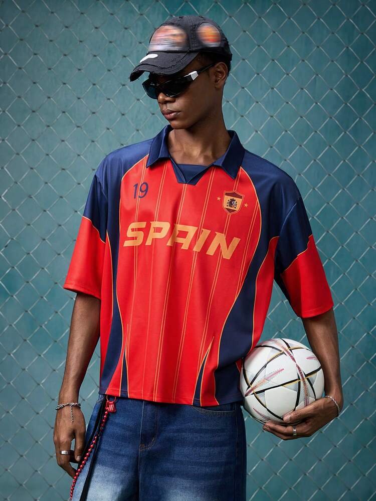 EVRINFINITE Men's Letter Stripe Short Sleeve Casual Polo Shirt,Spain Retro Football Shirt, Striped Vintage Soccer Top ,Y2K Blokecore Streetwear,Summer Streetwear - Red - View 5