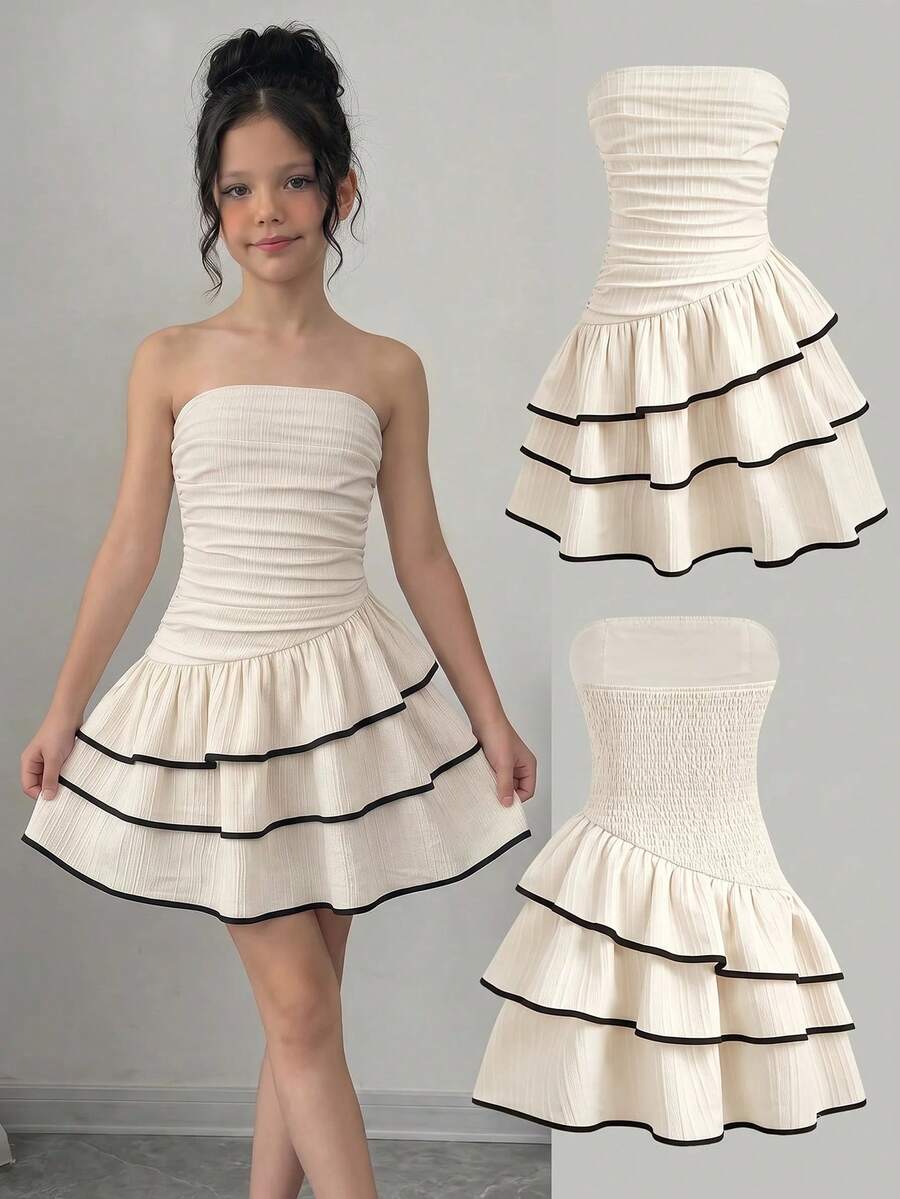SHEIN Girlism Set de 2 vestidos casuales de verano para niñas preadolescentes con dobladillo de volantes de color contrastante, adecuados para el transporte diario, reuniones familiares, salidas y vacaciones - Albaricoque - Ver 1