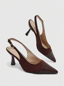 CUCCOO BIZCHIC Women Slingback Heels Mixed Material Design Pointed Toe Elegant Office Shoes - Brown - View 10