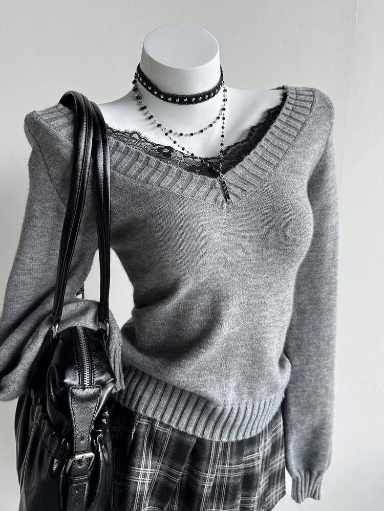Livesso Women's Lace Patchwork Casual Versatile Daily Wear Knit Top Fall - Grey - View 6
